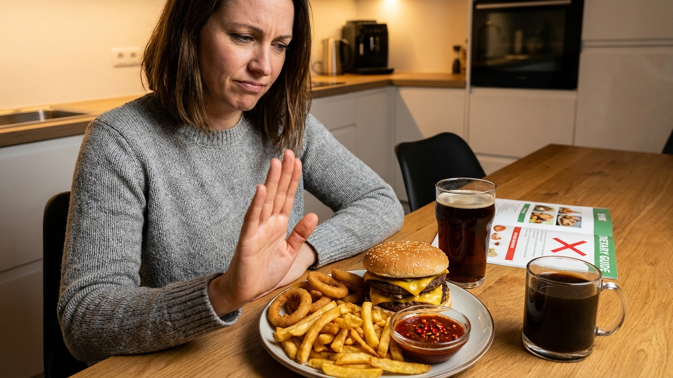 Czego unikać i nie jeść w diecie lekkostrawnej? Na zdjęciu kobieta odmawia sobie fast-food.